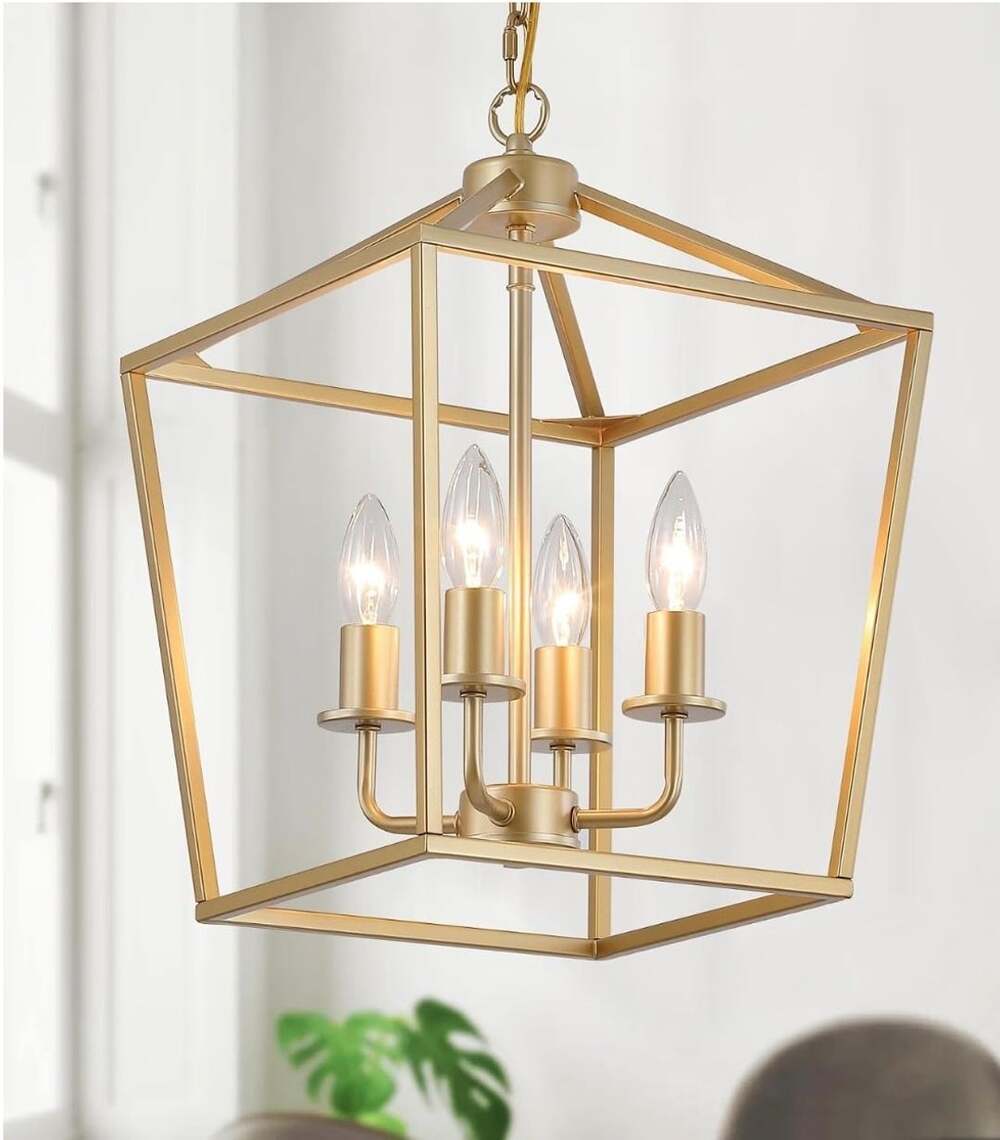 AMZASA Gold Lantern Chandelier 4-Light Hanging Pendant Light Fixture